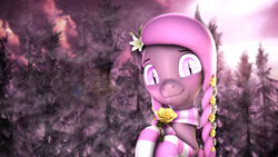 Size: 7680x4320 | Tagged: safe, artist:lagmanor, derpibooru import, oc, oc only, oc:wintergleam, bat pony, pony, 3d, absurd file size, absurd resolution, bat ears, bat eyes, blurry background, blushing, braid, clothes, evening, flower, flower in hair, forest, glowing, glowing eyes, holding, holding hooves, lens flare, lily (flower), looking at you, pine tree, pink eyes, pink hair, revamped ponies, rose, scarf, smiling, smiling at you, snow, snowfall, socks, solo, source filmmaker, striped scarf, striped socks, sunlight, tree, winter