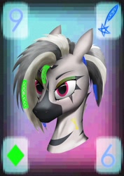 Size: 1527x2160 | Tagged: safe, artist:seizachan, derpibooru import, oc, oc only, oc:xyzzy, pony, zebra, bust, card, cyberpunk, ear piercing, error, eyebrows, eyelashes, eyeshadow, female, glitch, glowing, looking at you, makeup, mare, piercing, portrait, solo, tattoo, three quarter view, watermark, zebra oc