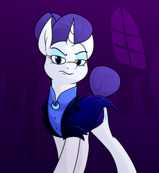 Size: 1206x1319 | Tagged: safe, artist:moonatik, derpibooru import, rarity, pony, unicorn, abstract background, alternate hairstyle, alternate timeline, clothes, eyeshadow, female, hair bun, looking at you, makeup, mare, night maid rarity, nightmare takeover timeline, shirt, solo, tail, tail bun