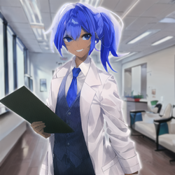Size: 1024x1024 | Tagged: safe, derpibooru import, editor:jesterofdestiny, generator:stable diffusion, machine learning generated, minuette, human, anime style, clothes, dentist, folder, humanized, lab coat, looking at you, necktie, ponytail, smiling, solo, vest