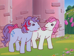 Size: 960x720 | Tagged: safe, derpibooru import, screencap, sparkler (g1), sundance, earth pony, pony, unicorn, escape from catrina, g1, my little pony 'n friends, bow, duo, female, mare, tail, tail bow