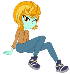 Size: 722x756 | Tagged: safe, artist:dazzlingsedits, derpibooru import, lightning dust, human, equestria girls, looking at you, one eye closed, simple background, sitting, solo, transparent background, wink, winking at you