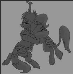 Size: 511x514 | Tagged: safe, artist:brainiac, derpibooru import, oc, oc:heccin pepperino, kirin, fallout equestria, bell, belle 2022, brainiacs sketchbook (set), butt, grayscale, hug, monochrome, plot