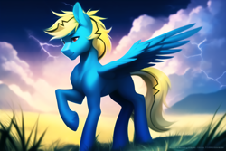 Size: 4608x3072 | Tagged: safe, derpibooru import, machine learning generated, lightning bolt, white lightning, oc, oc only, oc:thunder lightning, pegasus, pony, grass, grass field, male, pegasus oc, raised hoof, raised leg, solo, spread wings, wings