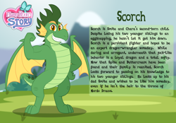 Size: 3014x2102 | Tagged: safe, artist:aleximusprime, derpibooru import, oc, oc:scorch the dragon, dragon, flurry heart's story, bio, dragon oc, flexing, muscles, non-pony oc, spike's brother, spike's family, story included, strong