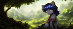 Size: 2560x1024 | Tagged: safe, derpibooru import, editor:mr-bat, generator:stable diffusion, machine learning generated, oc, oc:mr-bat, bat pony, bird, bat wings, bush, floral head wreath, flower, forest, leather, leather straps, looking at you, plant, slit eyes, tree, wings