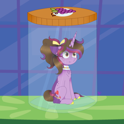 Size: 1300x1300 | Tagged: safe, artist:kathepart, derpibooru import, oc, oc only, oc:kathepaint, unicorn, bow, chest fluff, collar, freckles, hair bow, hair bun, jar, pony in a bottle, sitting, solo, surprised, table