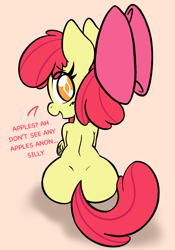Size: 1668x2388 | Tagged: safe, artist:shinkaku, derpibooru import, apple bloom, earth pony, pony, bloom butt, butt, dimples of venus, female, filly, foal, looking at you, looking back, looking back at you, plot, simple background, solo, text