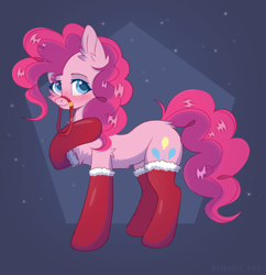 Size: 1744x1798 | Tagged: safe, artist:belkaart0w0, derpibooru import, pinkie pie, earth pony, pony, blushing, bridle, chest fluff, clothes, cute, diapinkes, ear fluff, ears, female, mare, raised hoof, raised leg, reins, socks, solo, stockings, tack, thigh highs