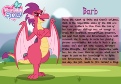 Size: 3014x2102 | Tagged: safe, artist:aleximusprime, derpibooru import, oc, oc:barb the dragon, dragon, flurry heart's story, bio, crossed arms, dragon oc, dragoness, female, non-pony oc, spike's family, spike's sister, story included