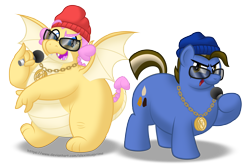 Size: 5167x3476 | Tagged: safe, artist:aleximusprime, derpibooru import, oc, oc only, oc:buttercream, oc:fudge cookie, dragon, beanie, chubby, commission, dragon oc, dragoness, fat, female, freckles, hat, medallion, microphone, non-pony oc, rapper, rapping, simple background, spread wings, sunglasses, transparent background, wings