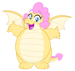 Size: 3423x3259 | Tagged: safe, artist:aleximusprime, derpibooru import, oc, oc only, oc:buttercream the dragon, dragon, flurry heart's story, chubby, dragon oc, dragoness, fat, female, happy, hug request, non-pony oc, simple background, solo, spread wings, transparent background, wings