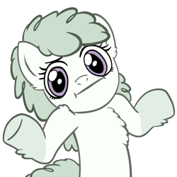 Size: 405x405 | Tagged: artist needed, safe, derpibooru import, edit, oc, oc only, oc:lichen, pony, chest fluff, female, green coat, green mane, looking at you, mare, shrug, shrugpony, simple background, snowpony (species), solo, taiga pony, transparent background, white coat