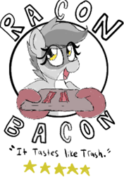 Size: 591x841 | Tagged: safe, artist:datte-before-dawn, oc, oc only, oc:bandy cyoot, hybrid, pony, raccoon, raccoon pony, bacon, female, food, mare, meat, open mouth, simple background, solo, white background