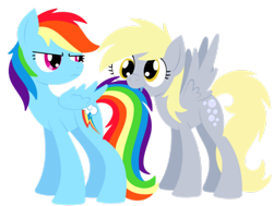 Size: 1042x787 | Tagged: safe, artist:cuttycommando, derpibooru import, derpy hooves, rainbow dash, pegasus, pony, drool, duo, duo female, female, hooves, lineless, mare, nom, simple background, spread wings, tail, tail bite, tail pull, taste the rainbow, transparent background, wings
