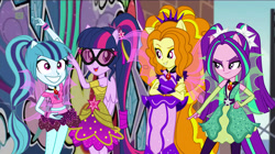 Size: 3500x1960 | Tagged: safe, artist:ajosterio, artist:aqua-pony, artist:bigpurplemuppet99, derpibooru import, adagio dazzle, aria blaze, sci-twi, sonata dusk, twilight sparkle, dance magic, equestria girls, spoiler:eqg specials, clothes swap, the dazzlings