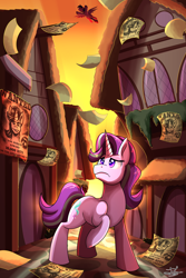 Size: 2000x3000 | Tagged: safe, artist:littletigressda, derpibooru import, starlight glimmer, twilight sparkle, twilight sparkle (alicorn), alicorn, pony, unicorn, fanfic art, flying, raised hoof, raised leg, wanted poster