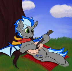 Size: 3720x3632 | Tagged: safe, alternate version, artist:aquamuro, derpibooru import, oc, oc:alex batovsky, bat pony, pony, bat pony oc, bat wings, clothes, commission, ear fluff, ears, fluffy, guitar, lying down, musical instrument, on back, picnic blanket, playing guitar, scarf, signature, sketch, smiling, spring, tree, two toned mane, wings