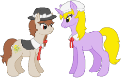 Size: 511x331 | Tagged: safe, artist:thecompleteanimorph, derpibooru import, earth pony, pony, unicorn, duo, female, hat, mare, maribel hearn, ponified, simple background, solo, touhou, transparent background, usami renko