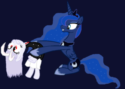 Size: 703x501 | Tagged: safe, artist:evilhaunter13, derpibooru import, princess luna, pony, base used, blue background, bunny ears, clothes, concave belly, crossover, crown, female, hoof shoes, jewelry, mare, peytral, physique difference, ponified, princess shoes, regalia, reisen udongein inaba, simple background, size difference, skirt, slim, thin, touhou