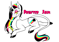 Size: 2480x1754 | Tagged: safe, derpibooru import, oc, oc only, oc:printer jam, unicorn, colored hooves, curved horn, eyeshadow, fangs, heterochromia, hoof polish, horn, leonine tail, lidded eyes, looking at you, lying down, makeup, simple background, slit eyes, tail, transparent background