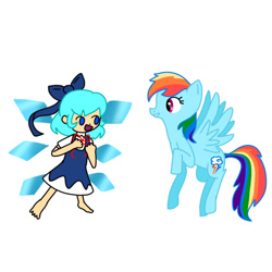 Size: 540x540 | Tagged: safe, artist:kittycat, derpibooru import, rainbow dash, human, pegasus, cirno, crossover, female, mare, simple background, touhou, white background