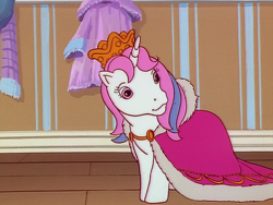 Size: 960x720 | Tagged: safe, derpibooru import, screencap, baby moondancer, pony, unicorn, escape from catrina, g1, my little pony 'n friends, baby, baby pony, cape, clothes, crown, dressup, female, filly, foal, jewelry, regalia, solo