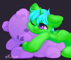 Size: 2403x2048 | Tagged: safe, artist:kotya, derpibooru import, oc, oc:green byte, pony, unicorn, commission, male, plushie, simple background, stallion, teddy bear, ych result