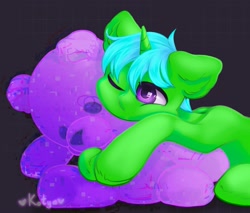 Size: 2403x2048 | Tagged: safe, alternate version, artist:kotya, derpibooru import, oc, oc:green byte, pony, unicorn, commission, male, plushie, simple background, stallion, teddy bear, ych result