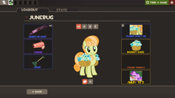 Size: 1360x768 | Tagged: safe, derpibooru import, amethyst star, junebug, sparkler, earth pony, unicorn, /mlp/ tf2 general, basket, female, flamethrower, flower, food, hud, looking at you, mare, party cannon, rake, sandwich, smiling, smiling at you, snowpity, team fortress 2, weapon