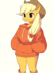 Size: 1535x2048 | Tagged: safe, artist:cheesesauce_45, derpibooru import, applejack, anthro, earth pony, clothes, cute, eyebrows, eyebrows visible through hair, female, hand in pocket, hoodie, jackabetes, mare, simple background, smiling, solo, yellow background