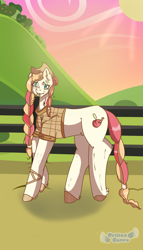 Size: 962x1680 | Tagged: safe, artist:cutiechimereon, derpibooru import, oc, oc only, oc:caramel apple, earth pony, pony, clothes, cowboy hat, female, fence, freckles, hat, mare, offspring, parent:big macintosh, parent:fluttershy, parents:fluttermac, plaid shirt, shirt, solo, straw in mouth, sun, sunset