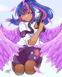 Size: 2000x2500 | Tagged: safe, artist:v_ggie, derpibooru import, twilight sparkle, twilight sparkle (alicorn), alicorn, human, clothes, dark skin, glock, gun, handgun, headphones, headset, horn, horned humanization, humanized, microphone, miniskirt, necktie, pantyhose, pistol, signature, simple background, skirt, weapon, white background, white shirt