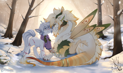 Size: 4839x2867 | Tagged: safe, artist:kez, derpibooru import, oc, oc only, oc:season's greetings, oc:yiazmat, draconequus, unicorn, clothes, couple, date, draconequus oc, duo, female, forest, horn, horns, male, scar, scarf, shipping, snow, snowfall, tail, unicorn oc