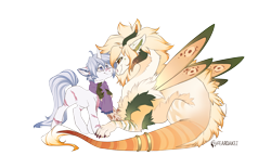 Size: 4839x3000 | Tagged: safe, alternate version, artist:kez, derpibooru import, oc, oc only, oc:season's greetings, oc:yiazmat, draconequus, unicorn, clothes, couple, date, draconequus oc, female, horn, horns, male, scar, scarf, shipping, simple background, tail, transparent background, unicorn oc