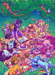 Size: 2106x2916 | Tagged: safe, artist:bratzoid, derpibooru import, applejack, fluttershy, pinkie pie, rainbow dash, rarity, spike, twilight sparkle, twilight sparkle (alicorn), alicorn, bird, blue jay, butterfly, dragon, earth pony, pegasus, pony, unicorn, apple, apple juice, basket, belly, book, cake, candy, cloud, cookie, crumbs, cupcake, ear fluff, ears, eating, featureless crotch, female, flower, food, high res, hoof fluff, hooves behind head, juice, kettle, looking at something, lying down, magic, male, mane seven, mane six, mare, mare in the moon, moon, muffin, on back, open mouth, orange juice, picnic, picnic basket, picnic blanket, pie, plate, predictions and prophecies, salad, sandwich, signature, sitting, sleeping, sweets, tea, teapot, telekinesis, underhoof, unshorn fetlocks, wall of tags