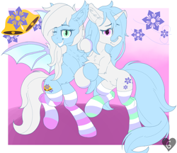 Size: 2194x1893 | Tagged: safe, artist:gnashie, derpibooru import, oc, oc only, oc:winter belle, oc:winter breeze, bat pony, unicorn, abstract background, bat pony oc, belly button, bipedal, chest fluff, clothes, ear fluff, ear piercing, earring, ears, grin, horn, jewelry, looking at you, one eye closed, piercing, smiling, socks, striped socks, unicorn oc, wings, wink