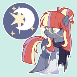 Size: 2362x2362 | Tagged: safe, artist:pastelnightyt, derpibooru import, oc, oc only, oc:sparkling night, earth pony, pony, clothes, female, glasses, green background, mare, offspring, parent:moondancer, parent:star tracker, scarf, simple background, solo