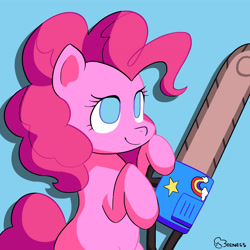 Size: 4050x4050 | Tagged: safe, artist:beeness_, derpibooru import, pinkie pie, earth pony, pony, blue background, chainsaw, cutie mark, hoof hold, shadow, signature, simple background, solo, xk-class end-of-the-world scenario