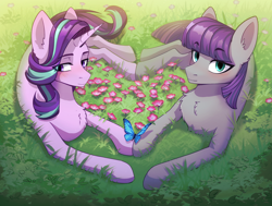 Size: 2150x1623 | Tagged: safe, artist:glumarkoj, derpibooru import, maud pie, starlight glimmer, butterfly, earth pony, pony, unicorn, blushing, chest fluff, commission, cute, duo, duo female, eyeshadow, female, flower, grass, grass field, heart, holding hooves, hoofsies, hooves together, lesbian, lidded eyes, lying down, makeup, mare, outdoors, shipping, shy, smiling, starmaud