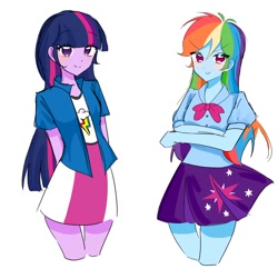 Size: 840x812 | Tagged: safe, artist:rainbom__1122, derpibooru import, rainbow dash, twilight sparkle, human, equestria girls, clothes, clothes swap, female, lesbian, shipping, simple background, skirt, twidash, white background