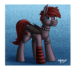 Size: 4291x4000 | Tagged: safe, artist:supermoix, derpibooru import, oc, oc:hunter blood moon, bat pony, pony, choker, clothes, crossdressing, cute, emo, fishnet stockings, looking at you, simple background, socks, solo, spiked choker, standing, stockings, striped socks, thigh highs