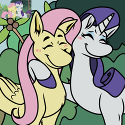 Size: 2048x2048 | Tagged: safe, artist:raspberrylucario, derpibooru import, screencap, fluttershy, rarity, pegasus, pony, unicorn, fake it 'til you make it, blushing, eyes closed, hoof around neck, scene interpretation, screencap reference, side hug, smiling