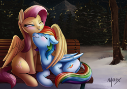 Size: 5000x3500 | Tagged: safe, artist:supermoix, derpibooru import, fluttershy, rainbow dash, firefly (insect), insect, pegasus, pony, backwards cutie mark, bench, commission, cuddling, cute, female, flutterdash, forest, hug, jiggle, lesbian, mountain, night, park, scenery, shipping, snow, winghug, wings