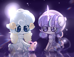 Size: 2078x1620 | Tagged: safe, artist:corpse, derpibooru import, oc, oc only, oc:arlene mona, oc:delia ino, deer, earth pony, reindeer, sheep, unicorn, birthday, forest, horn, lake, moonlight, present, smiling, spirit, unicorn oc, water