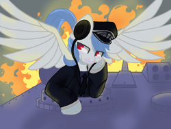 Size: 1440x1080 | Tagged: safe, artist:flower-black, derpibooru import, oc, oc:snedrir, pegasus, art trade, clothes, fire, military uniform, tank (vehicle), uniform