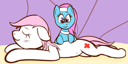 Size: 1782x892 | Tagged: safe, anonymous artist, derpibooru import, lotus blossom, nurse redheart, earth pony, pony, belly, belly button, blushing, drawthread, duo, duo female, eyes closed, female, lying down, mare, massage, prone, smiling