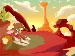 Size: 4000x3000 | Tagged: safe, artist:fromariels, derpibooru import, arizona cow, cow, them's fightin' herds, bandana, bread, cactus, cloud, community related, desert, drawthread, female, food, horn, lineless, lying down, meme, on side, ponified animal photo, scenery, solo