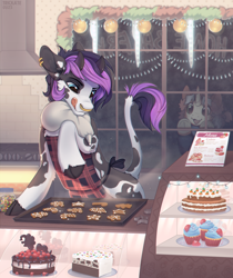 Size: 2852x3400 | Tagged: safe, artist:trickate, derpibooru import, oc, oc only, oc:jericho, oc:trickate, bull, pony, unicorn, bakery, baking, bull horns, cake, christmas, christmas lights, cookie, cupcake, female, food, holiday, horn, horns, leg hold, male, non-pony oc, stove, tongue, tongue out, underhoof, unicorn oc