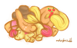 Size: 511x314 | Tagged: safe, artist:zombimonster, derpibooru import, apple bloom, applejack, earth pony, pony, apple bloom's bow, apple sisters, applejack's hat, bow, clothes, cowboy hat, duo, duo female, female, filly, foal, hair bow, hat, mare, siblings, simple background, sisters, sleeping, white background